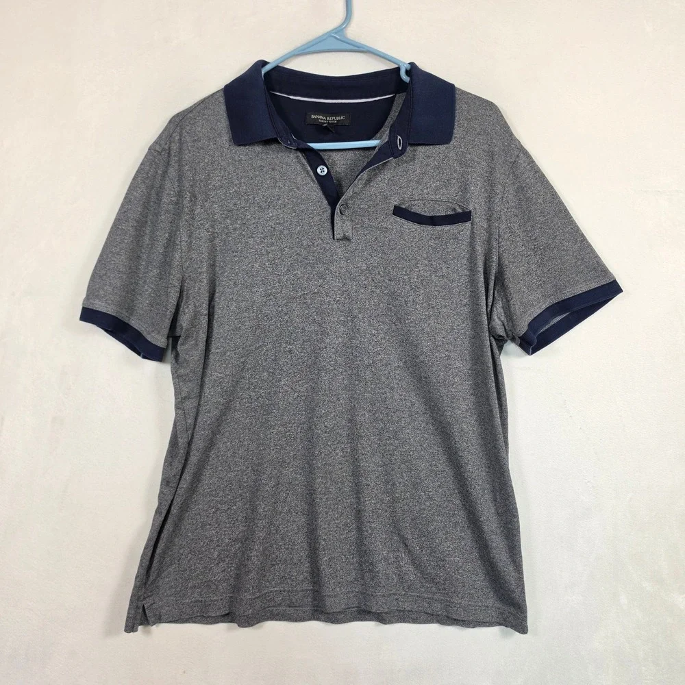 Banana Republic Polo Shirt Men's L Gray Navy Luxury Touch Cotton Casual Peppy